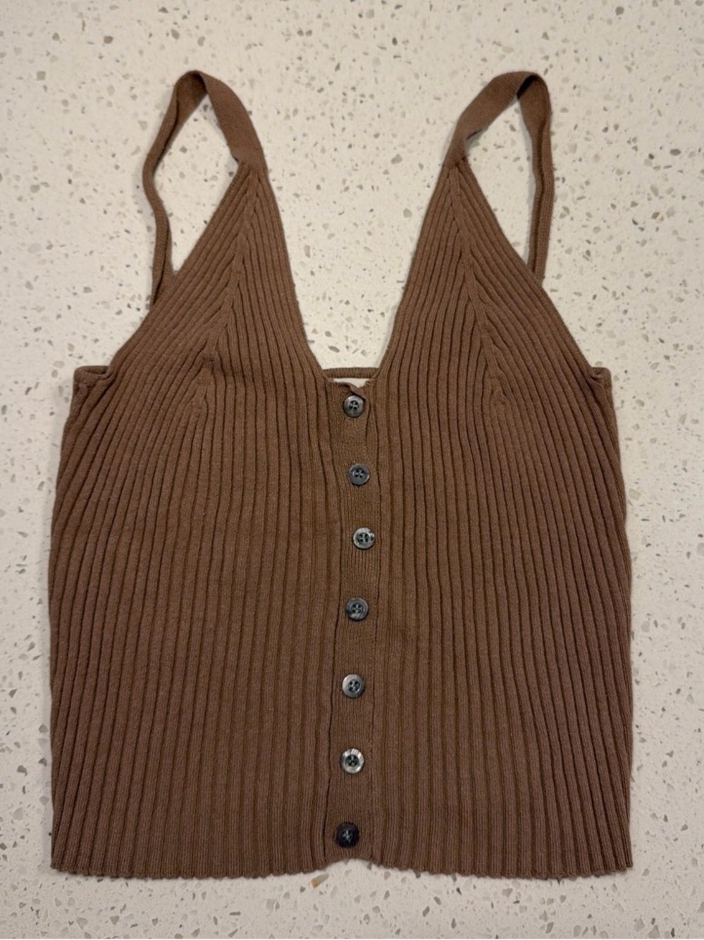 Tan Ribbed Button-Front Knit Tank Top